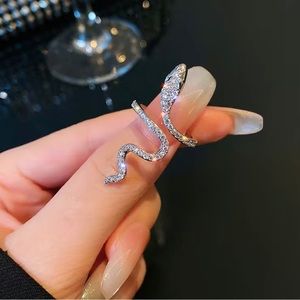 Open Snake fashion Ring Adjustable Silver with Rhinestones